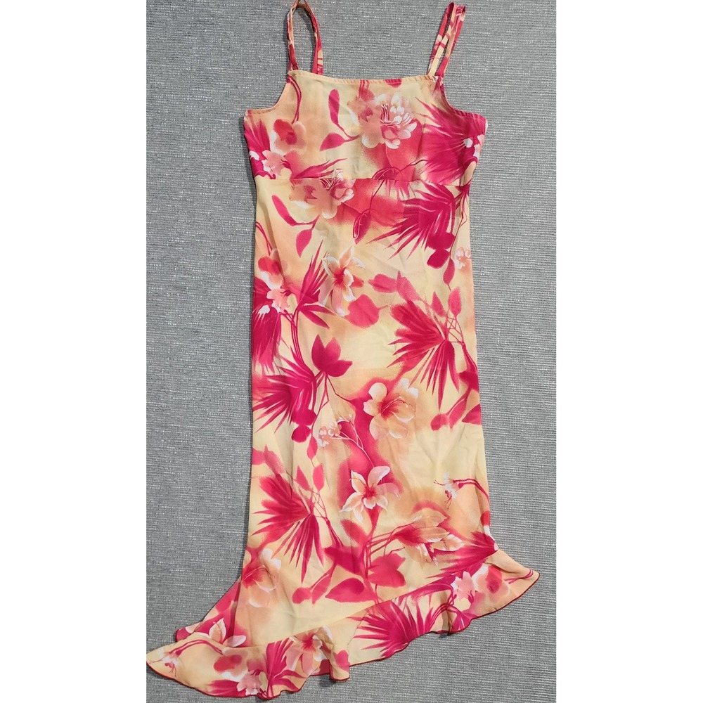 Y2K Hype Vintage Floral Midi slip Dress Pink Orange Tropical Ruffle Hem Size 16